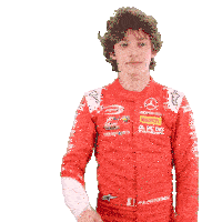 a young man wearing a red and white mercedes racing suit waves