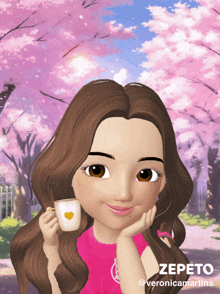 a cartoon of a girl holding a cup with the name zepeto on it