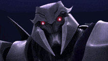 a close up of a robot with red eyes and a purple background