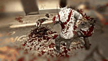 a bloody scene in a video game with a sign that says ' nc ' on it