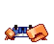 a pixel art drawing of a person with a blue shirt and orange hat .