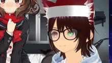 a girl wearing glasses and a santa hat stands next to another girl