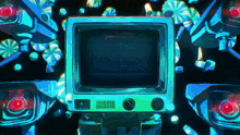 a television is surrounded by cameras and candy in a dark room