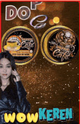 a woman stands in front of a doppio cafe ad