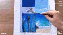 a person is painting a picture of the ocean with the words wow art above it