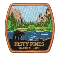misty pines national park patch with a bear and mountains