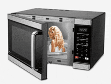 a microwave with a picture of a woman in a bathtub on the screen