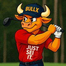 a bull holding a golf club and wearing a bullx hat