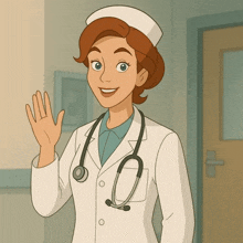 a cartoon doctor with a stethoscope around her neck is waving her hand .