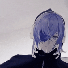 a person with purple hair is wearing headphones .