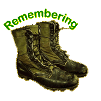 a pair of green military boots with the words remembering written above them