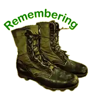 a pair of green military boots with the words remembering written above them