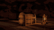 a man 's face is visible in a wooden box with a green outline around it