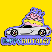 a car with a birthday cake on top and the words happy birthday below it