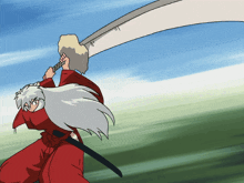 a cartoon character is holding a large sword in his hand