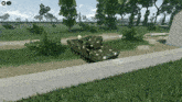 a computer generated image of a tank driving down a path