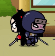 a cartoon of a ninja holding two swords next to a black cat