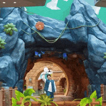 a man in a blue vest stands in a tunnel with a flower on it