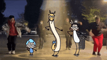 a group of people are dancing with a cartoon character that looks like a dragon