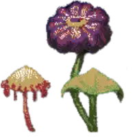 a purple flower with a green stem is next to a yellow flower