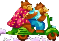 a couple of bears are riding a green scooter together