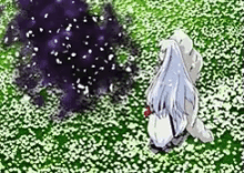 a dog is sitting in a field of flowers .