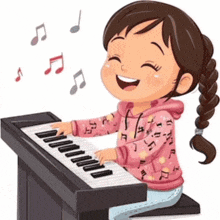a little girl is playing a piano with music notes coming out of the keyboard .