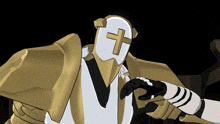 a cartoon character with a white mask and a cross on his face