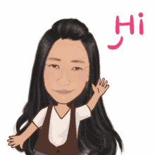 a cartoon of a woman waving her hand with the word hi written below her .