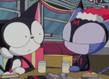 two cartoon cats are sitting at a table and one has the letter m on his back