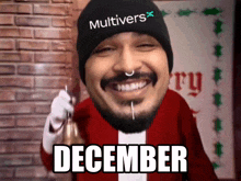 a man in a santa suit is wearing a multiverse beanie