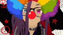 a cartoon of a girl with glasses and a clown wig with a red nose