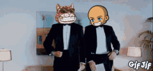 two men in tuxedos are standing next to each other with gif jif written on the bottom right