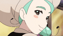 a drawing of a girl with green hair and a hat with the letters kyo on it
