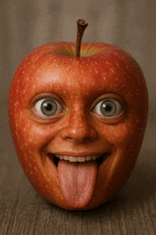 a red apple with a face on it sticking out its tongue