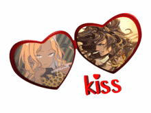 two hearts with a picture of a girl and a lion and the word kiss