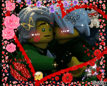a picture of two lego ninjago characters kissing surrounded by flowers and hearts