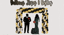 a silhouette of a man and a woman under a balloon arch with the year 2025