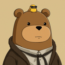 a cartoon bear with a bird on his head wearing sunglasses