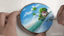 a painting of a house and palm trees on a piece of wood is made by wow art
