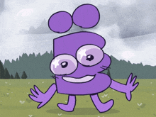 a cartoon drawing of a purple character with big eyes