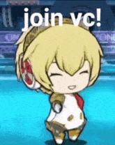 a cartoon character with the words join vc written in white