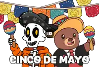 a cartoon of a skeleton and a teddy bear holding maracas with the words cinco de mayo written below them