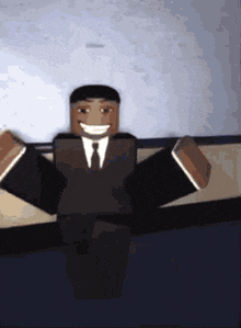 a lego man in a suit and tie is smiling with his arms outstretched