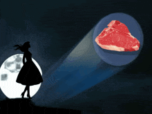a woman in a dress stands in front of a full moon looking at a piece of meat