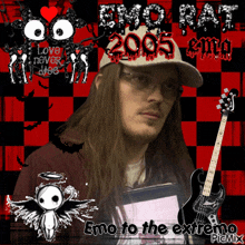 a picture of a man with long hair and a hat that says emo rat 2005