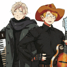 a man in a cowboy hat is holding a guitar next to another man