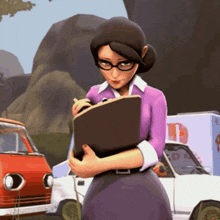 a cartoon woman is holding a clipboard in her hands