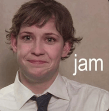 a man in a white shirt and tie is making a funny face with the word jam written on the bottom .