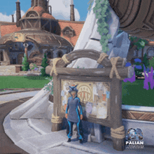 a man in a blue outfit is standing next to a sign that says palian
